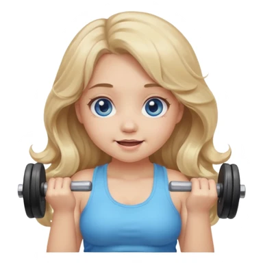 Kawaii emoji girl with big  blue glossy eyes, long wavy dirty blonde hair, happy expression, holding a dumbell, chubby cheeks, soft pastel colors, cozy and sweet aesthetic, clean background. sticker
