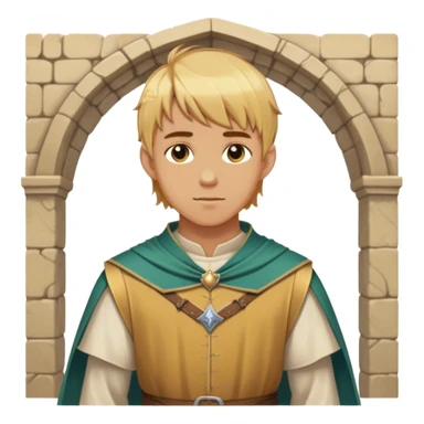 "Medieval summer outfit worn by a DnD themed fantasy male character. Character has golden blonde hair cut in a traditional page style, falling evenly just below the ears with a straight fringe across the forehead. sticker