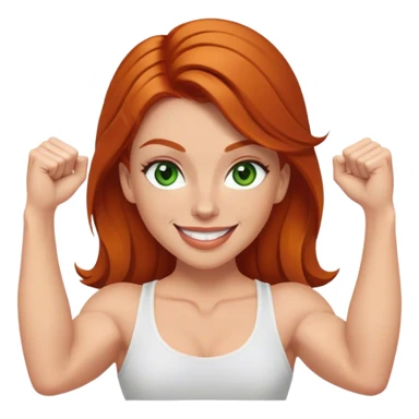 make a white girl that has ginger hair, green eyes, dark brown eyebrows,  long lashes, small lips, smiling and is skinny and a little buff, flexing her muscles  sticker