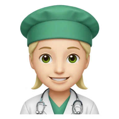 smiling emoji with a doctor's white coat and green surgical cap sticker