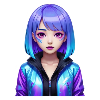Cyberpunk Japanese girl with neon blue wig, holographic jacket, digital glitches effect, dark background with purple glow, iOS app icon style sticker