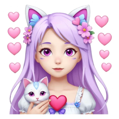 female anime character with pink eyes long white hair periwinkle highlights and cat ears on her head. She is wearing a white dress with purple flowers and butterfly. holding a heart sticker