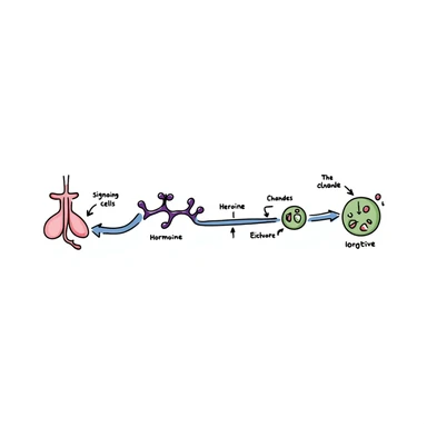 Hormone pathway illustration: pink endocrine gland releasing purple hormone molecules traveling through blue bloodstream to reach green target cells. Hand-drawn diagram showing molecular binding and resulting cellular changes with labeled parts and colorful signaling cascade. sticker