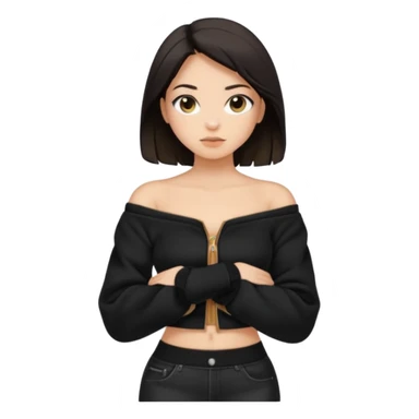  Siyah uzun saçlı ceket giyen esmerimsi kız fazla esmer değil siyah ceket  polar ceket ceket gevşek biraz omzundan çıkıyormuş gibi ve bugday ten rengi soltaraftaki omzundan çıkık sadece içinde de siyah crop var crop omzundan bağlı ve sadece sol omzundan gevşek ceket  sticker