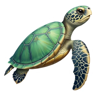 Cinematic Realistic Cute Sea Turtle Portrait Emoji, Head tilted playfully and inquisitively, featuring a compact, gentle form with a beautifully detailed shell adorned with natural patterns and a soft, expressive face with sparkling eyes, rendered with realistic textures and warm ambient light; high shine, affectionate and spirited, styled with a touch of marine whimsy, soft glowing outline, capturing the essence of a mischievous yet lovable sea turtle that seems ready to swim playfully into your arms! sticker