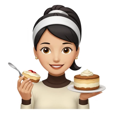  tan skin woman with long face, and short black hair slicked back ponytail with forehead showing, white headband, wearing white turtleneck shirt, eating tiramisu smiling with middle parted hair sticker