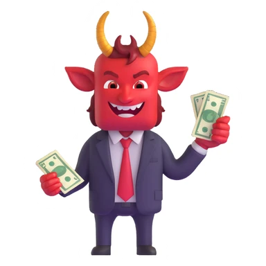 red devil with horns in business suit counting cash with greedy expression sticker