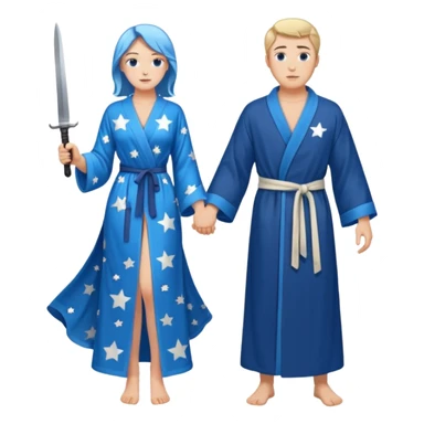 An upright Europe (a tall woman), wearing a blue, flowing robe with stars on the hem. In the background stands a man, with a knife
He has to stand behind her. the top of the knife to her back sticker
