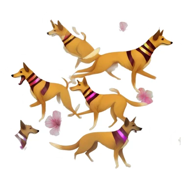  brindle brown black maroon striped lurcher Alsatian fox running blue eyes and iridescent holographic oilslick harness wearing paper iridescent tropical flower crown yellow caution tape sticker