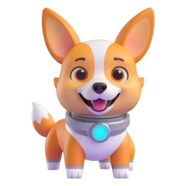 cute dog robot with pointy corgi-like ears, soft rounded body, glowy eyes and joints, friendly futuristic vibe, playful, slightly cartoonish, colorful with glowy accents, highly expressive face and posture, reaction laughing sticker
