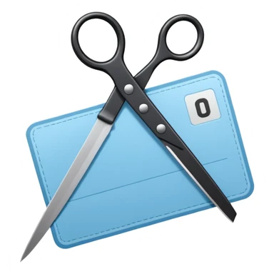 Floating black Scissors cutting a light blue military ID card in 2 parts .hyper realistic sticker