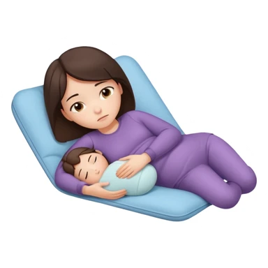  a brunette girl lying down on her side, holding a warm heating pad against her lower belly. She's uncomfortable and sad, her posture should show she’s having bellyache. Use simple lines, rounded shapes, soft colors, and a clean emoji aesthetic. Make it expressive but still adorable sticker