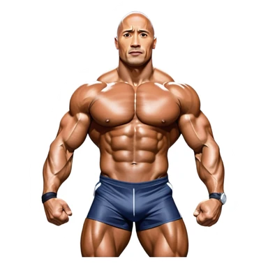 Dwayne 'The Rock' Johnson on stage at the Mr. Universe bodybuilding competition, covered in oil, flexing his powerful muscles. His physique shines under bright stage lights, showcasing his strength and dedication. The audience and judges are blurred in the background. Transparent background. sticker
