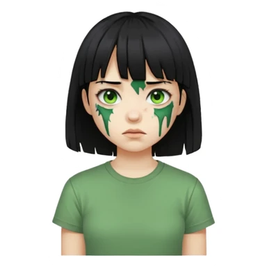 Garota de cabelo preto com franja com a pele verde e ferimentos expostos na cara, usa uma camiseta branca rasgada e suja de poeira  sticker