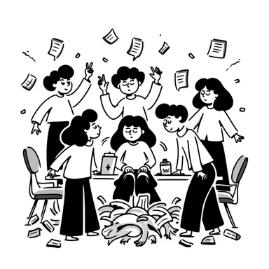 Messy group of confused teammates with mixed expressions and chaos sticker