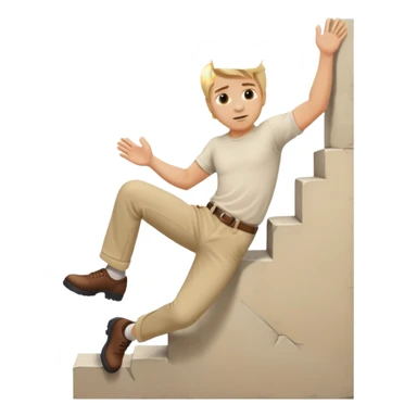 Stuntman with blonde hair wearing beige trousers and cream shirt scaling a wall sticker