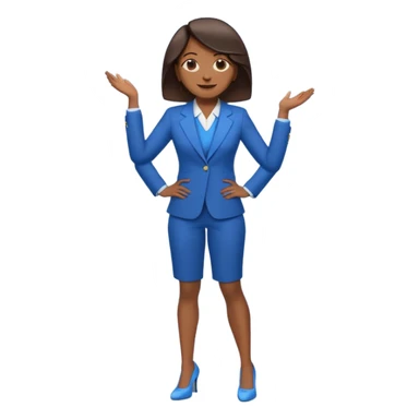 black woman in a blue smart suit and shoes, standing with hands by her side, looking to the right, emoji style sticker