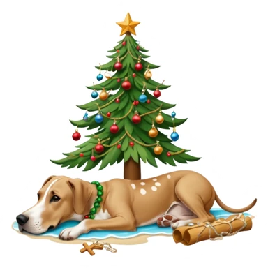 Fawn Great Dane laying on a tropical beach with a Christmas tree and dog bones under the tree sticker