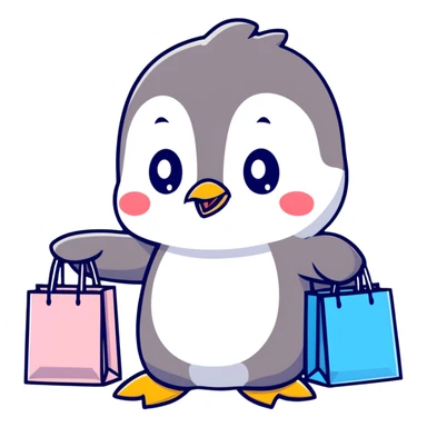 kawaii baby penguin at a shopping mall with shopping bags sticker