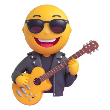 3D smiley emoji, round shape, rocker motorcyclist: with guitar, leather jacket, sunglasses, funny face sticker