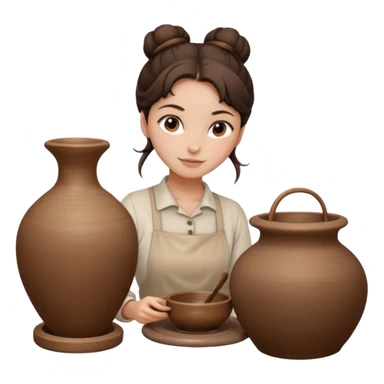 Brunette girl with a bun, behind the potter's wheel, wearing neutral clothing sticker