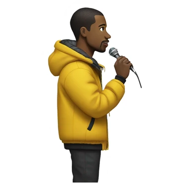 Side profile of a hip hop artist, holding a mic in one hand. He's wearing a puffy jacket with a mustard yellow collar. sticker