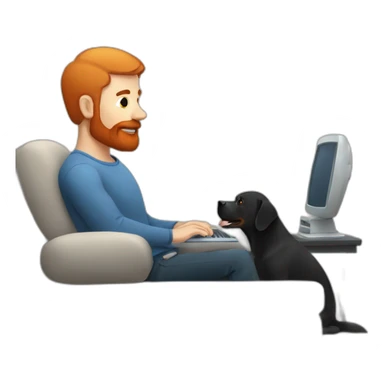a man with a red beard sits working on a computer on the sofa with a black Labrador sticker