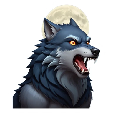 cinematic-noble-fierce-werewolf-howling-portrait-emoji, poised-and-imposing, with a fierce wolfish face tilted upwards in a haunting howl, glowing eyes full of primal ferocity, sharp, and a rugged snout, fur rippling in shades of midnight black and silver, muscles tensed as the powerful howl echoes beneath the moonlit sky; rendered with realism, capturing the raw, untamed power of the beast in its wild, primal state sticker