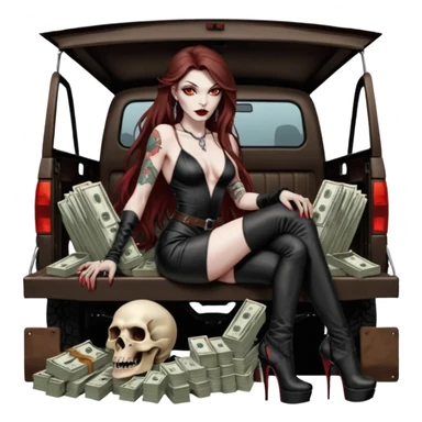 Lilith model red eye seductress evil long brown haired sexy succubus woman with leather long dress with slit, sitting in Big Large F350 pickup truck. Black Platform high heels on feet. Tattoo sleeve arms, seat full of stacks of cash, and a man dead human skull of her enemies and a gun in other hand sticker