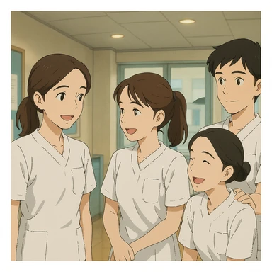 Quatre étudiants infirmiers, style Ghibli, inspirés des visages des photos, en interaction dans un environnement intérieur. Uniformes blancs, tuniques médicales col en V, poche poitrine à gauche, manches courtes, avant-bras nus, cheveux longs attachés, sans stéthoscopes ni pied de col. Ambiance d'équipe et de collaboration. sticker