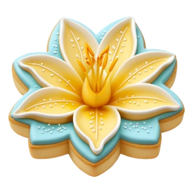 Realistic shortbread cookie in the shape of a lily flower with pastel yellow color jelly middle filling and sprinkled powder sugar on top. sticker