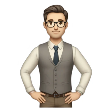 Full height Pale skinned Fit Man With dark brown hair in gray jacket, vest, tie, beige office shirt, Brown pants and vintage glasses. Thrumbs of his palms directed up sticker