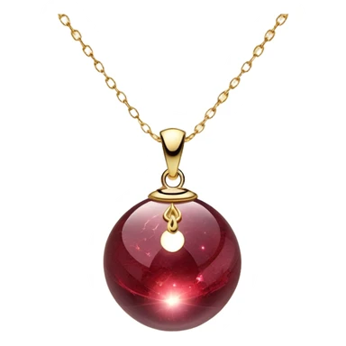 A polished round ball wine granite pendant suspended from a delicate gold chain, like a drop of enchanted starlight, glowing with the warmth of passion and the quiet power of transformation ethereal floating magical moving around... rebirth moving chain sticker