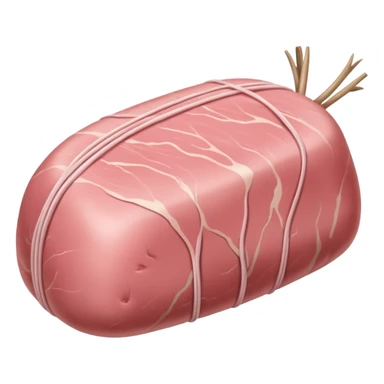 whole raw veal roast, smooth rounded shape, pale pink flesh, tender slightly moist surface, fine muscle grain, minimal marbling, tied with white butcher's twine, optionally covered with thin fat layer or barded, no tray, no herbs, no extras, soft lighting, subtle shadows, emoji scale sticker