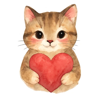 watercolor style cat with a heart sticker
