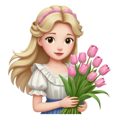  A girl with a half-up half-down hairstyle, and a white ruffled top, enjoying the spring breeze.Holding a bundle of pink tulips sticker