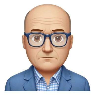 50-year-old heavyset man with wide face and prominent square jawline. Hair only on top of head with completely bald sides (horseshoe pattern baldness). Large dark square glasses. Serious-relaxed expression. Light gray jacket that fits his larger frame, white shirt with blue checkered pattern. sticker