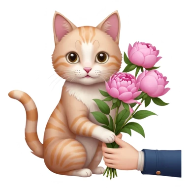 Cute cat Handing pink peonies like reaching a hand and handing them out a bouquet of them with a couquette sticker