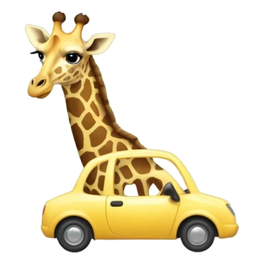A giraffe wearing a bowtie, trying to fit into a tiny car sticker