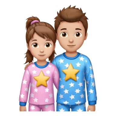 4 year old brown spikey haired boy with blue pajamas with stars on them and a 1 year old brown haired pony tail girl with pink pajamas, and stars on them with light skin sticker