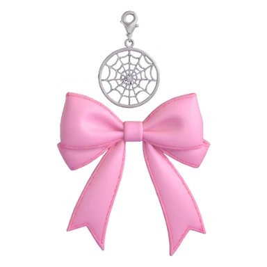3D emoji style pink bow with gothic effect, pastel pink with black spiderweb embroidery, silver moon charm sticker