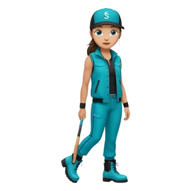 A landscaper in a beautiful turquoise jacket and turquoise boots, black pants, and a black sleeveless shirt. On his head is a black Swissotel baseball cap. The girl is a brunette with blue eyes. sticker