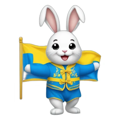A smiling rabbit in a Ukrainian flag costume sticker
