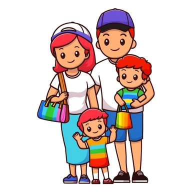 A happy family of four - father in white t-shirt and cap, mother with red hair in coral dress, young daughter in matching dress with rainbow handbag, teenage son in light embroidered shirt, all smiling together sticker