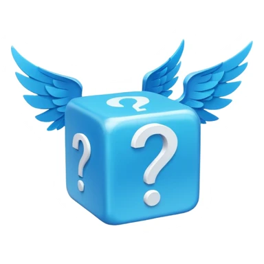 Blue cube with blue wings and has a white question mark sticker