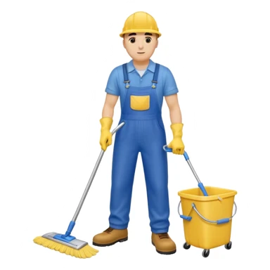 Custodian with yellow rubber gloves, blue overalls, mopping floor sticker