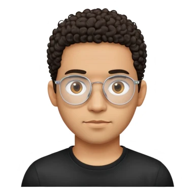 Light brown skinned Latino man with oval face, transparent aviator eyeglasses with thin metal frames, completely bald sides with extremely short dark curly hair only on crown, friendly neutral expression, casual black t-shirt sticker