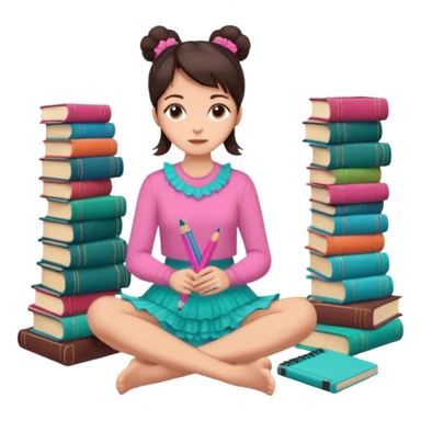 A brunette woman with straight, dark brown hair styled in two buns wears a pink long-sleeved shirt and a turquoise lace ruffled skirt. She is barefoot and holds a crayon in one hand. She sits cross-legged on the floor, which is covered with stacks of colorful notebooks. Art Deco style illustration. sticker