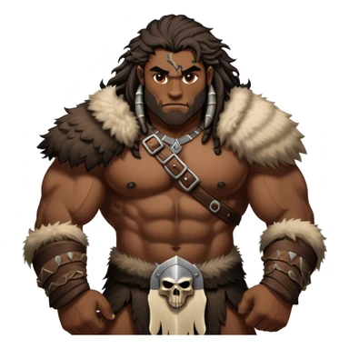 Clash of Clans aesthetic: Cinematic Battle-Hardened Barbarian Portrait Emoji, Stark and unyielding with a burly, muscular frame marked by scars, wild, flowing hair and a steely, unrelenting gaze, dressed in rugged furs and bone armor, Simplified yet meticulously detailed features, highly detailed, glowing with a cool, steely radiance, high shine, relentless and valorous, stylized with an air of ancient tribal might, focused and resolute, soft glowing outline, capturing the essence of a seasoned barbarian whose every scar tells a story of survival and conquest! sticker