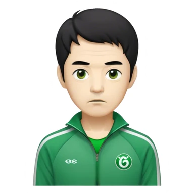 Seong Gi-hun : age 60, skinny and bony face, very small mouth, thick eyebrows deep eyes, unkempt black hair , Green player tracksuit. sticker